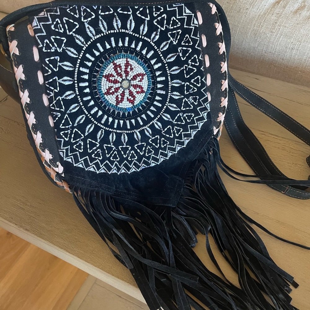 GIAA Black Suede Leather Crossbody Fringe Purse Aztec Beading Boho Hippie